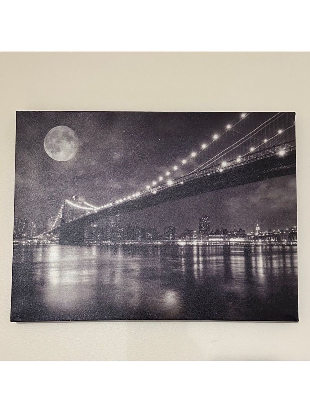 City Evening Night Lit Bridge Over Water Art Print